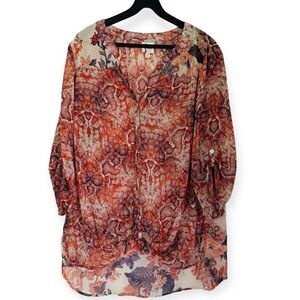 Fig & Flower Sheer Snakeskin Floral Tie Button Up Shirt Size 2X